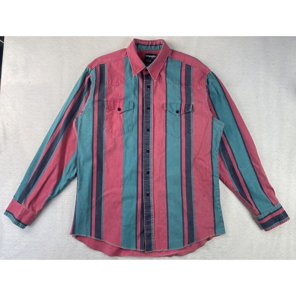 Vintage Wrangler Men’s 17-36 Brushpopper Pink Teal Stripe Western Cowboy Rodeo